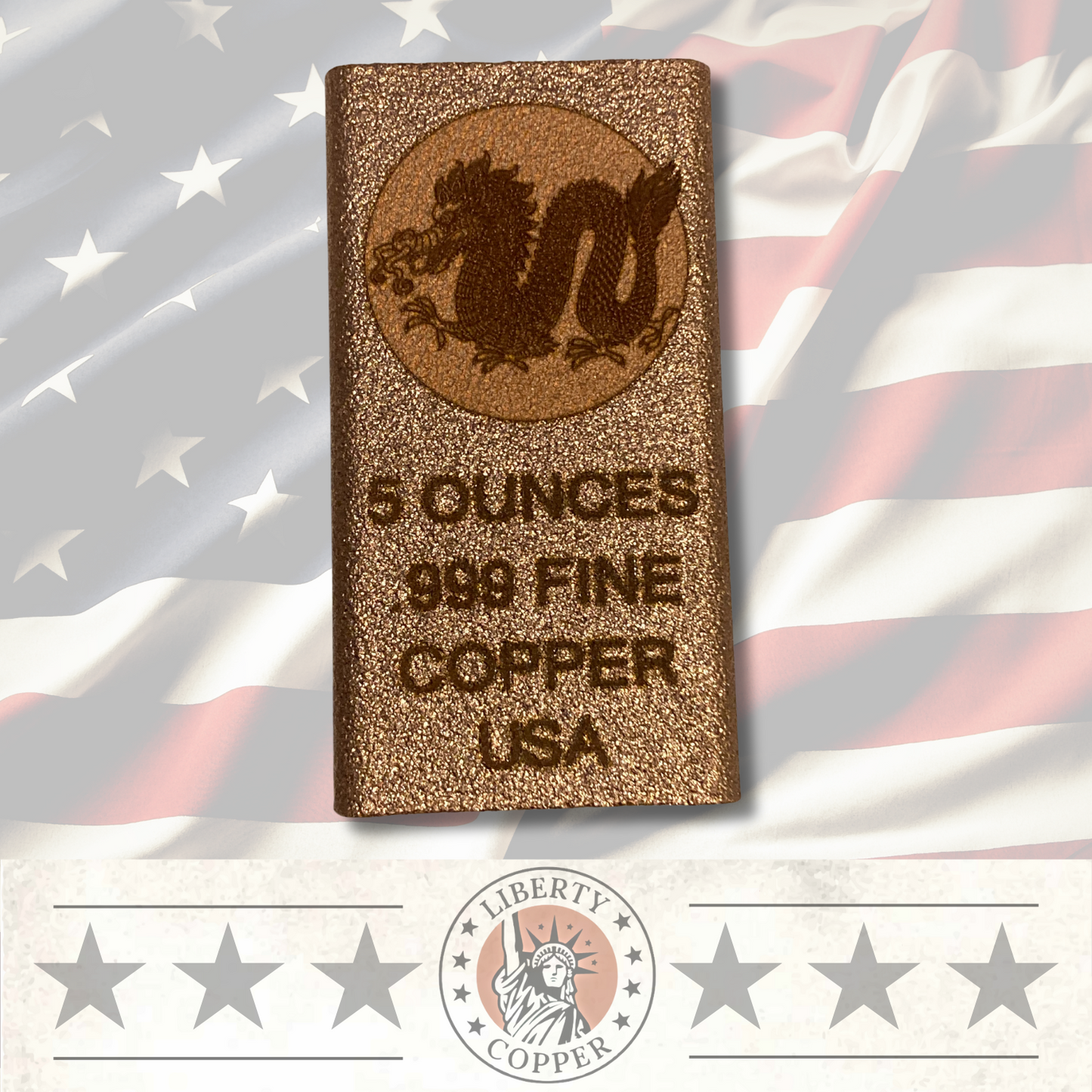 5 oz .999 Fine Copper Bullion Bar - Dragon Design - Liberty Copper