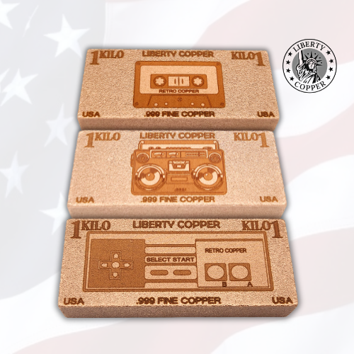 Retro Copper 1 kilo series - 1 kilo copper bullion bars by Liberty Copper