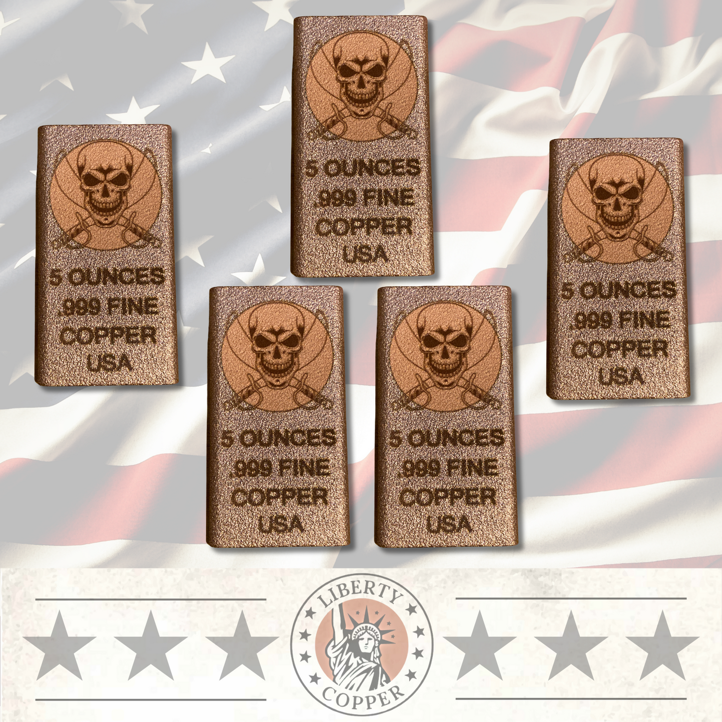 Skull and Swords 5 oz .999 Fine Copper Bullion Bar